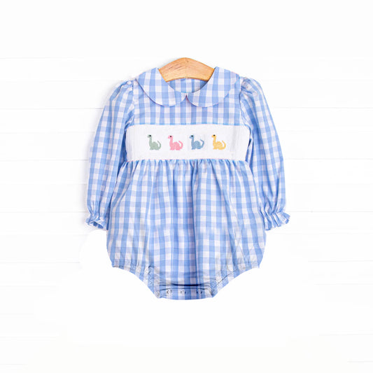 Preorder LR2178 Dinosaur Blue White Plaid Long Sleeve Romper Smocked Baby Girls Romper 202504