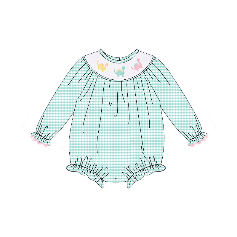 Preorder LR2179 Dinosaur Green White Plaid Long Sleeve Romper Smocked Baby Girls Romper 202504