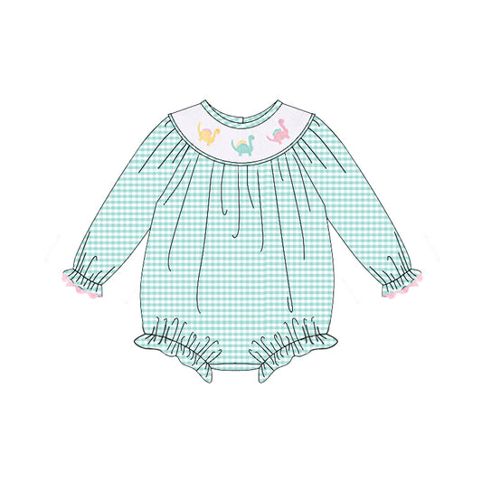 Preorder LR2179 Dinosaur Green White Plaid Long Sleeve Romper Smocked Baby Girls Romper 202504