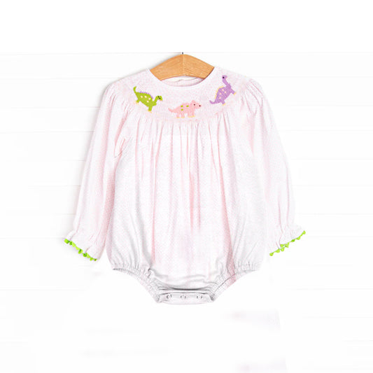 Preorder LR2180 Dinosaur Pink Dot Long Sleeve Romper Smocked Baby Girls Romper 202504
