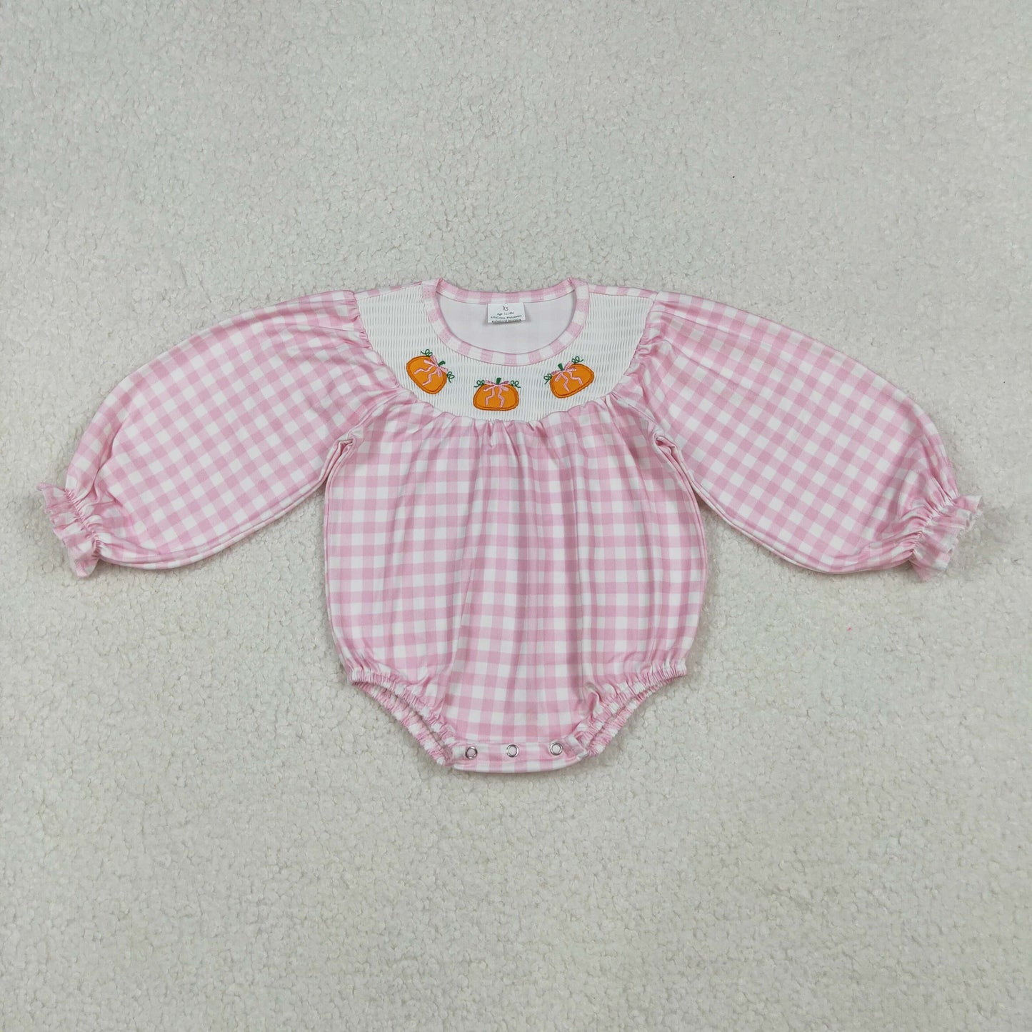 LR2181 Embroidered Pumpkin Bows Pink Long Sleeve Romper Smocked Girls Bubble Romper 202510 RTS