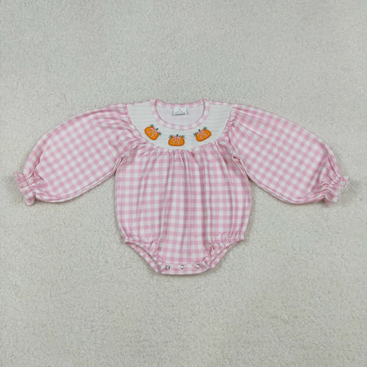 LR2181 Embroidered Pumpkin Bows Pink Long Sleeve Romper Smocked Girls Bubble Romper 202510 RTS