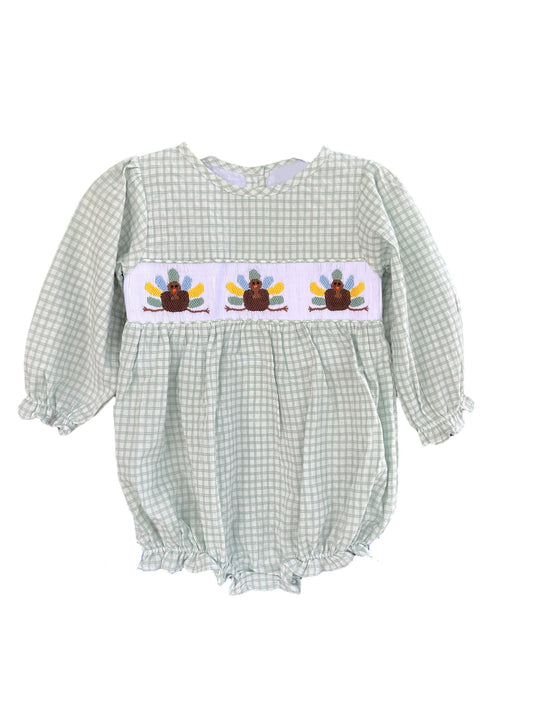 Preorder LR2182 Turkey Green Long Sleeve Romper Smocked Baby Girls Romper 202503