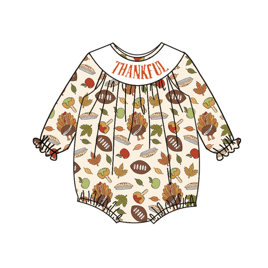 Preorder LR2183 Thankful Turkey Brown Long Sleeve Romper Smocked Baby Girls Romper 202503