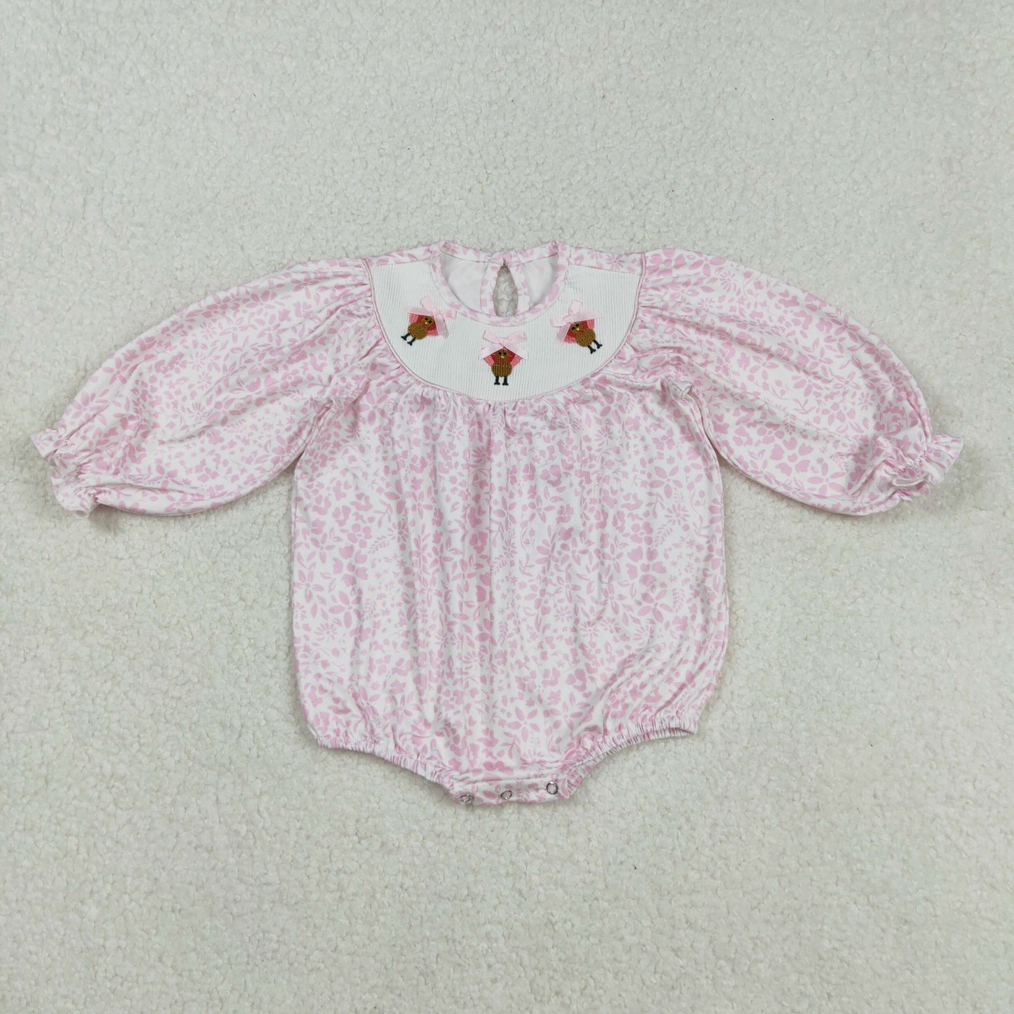 LR2184 Turkey Flower Pink Long Sleeve Romper Smocked Girls Bubble Romper 202508 RTS