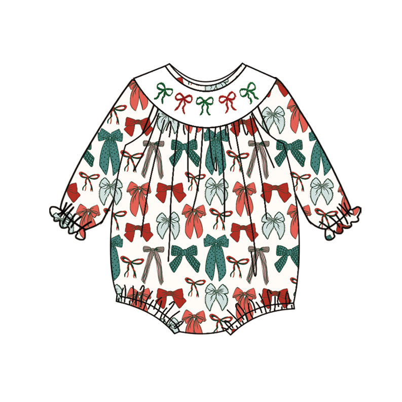 Preorder LR2185 Red Green Bows Merry Christmas Long Sleeve Romper Smocked Baby Girls Romper 202503