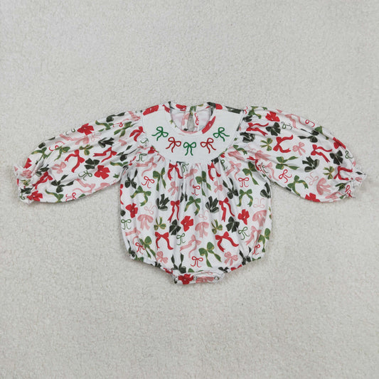 LR2185 Red Green Bows Merry Christmas Long Sleeve Smocked Girls Bubble Romper 202508 RTS