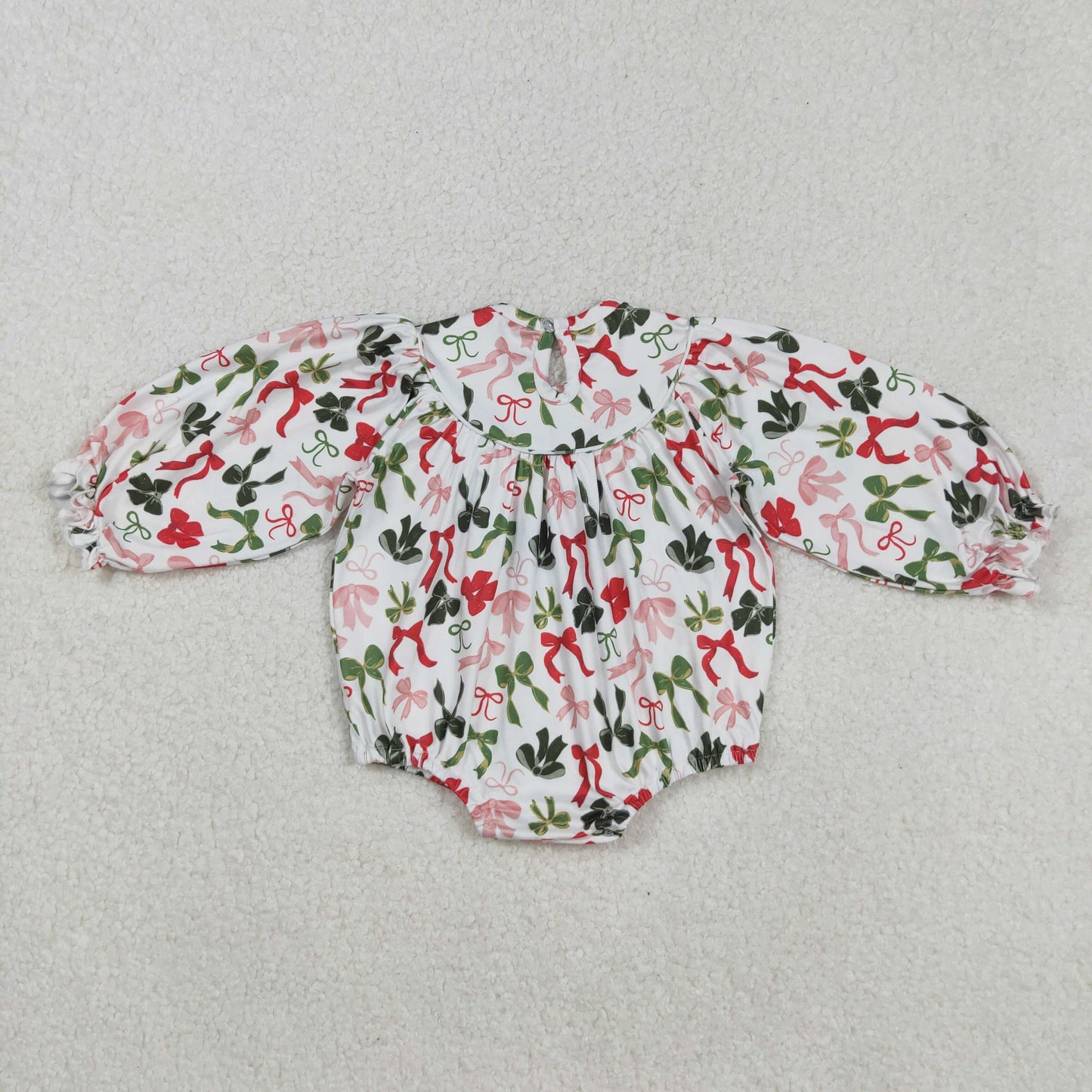 LR2185 Red Green Bows Merry Christmas Long Sleeve Smocked Girls Bubble Romper 202508 RTS