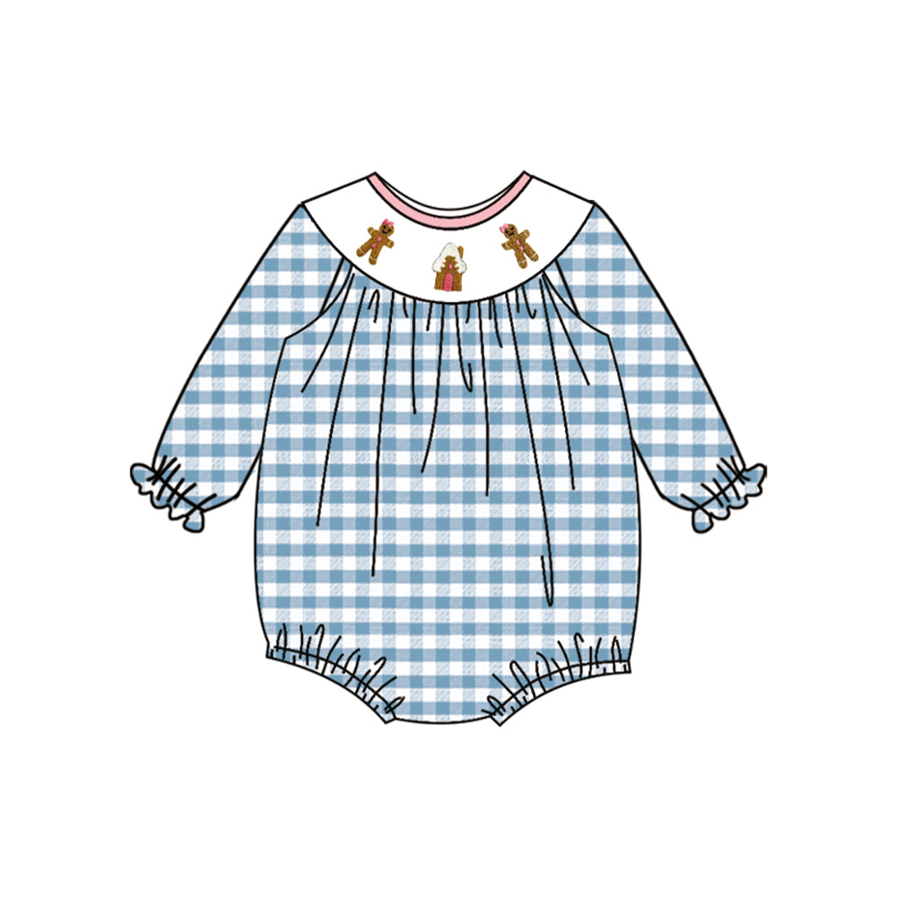 Preorder LR2186 Gingerbread man Merry Christmas Blue Plaid Long Sleeve Romper Smocked Baby Girls Romper 202503