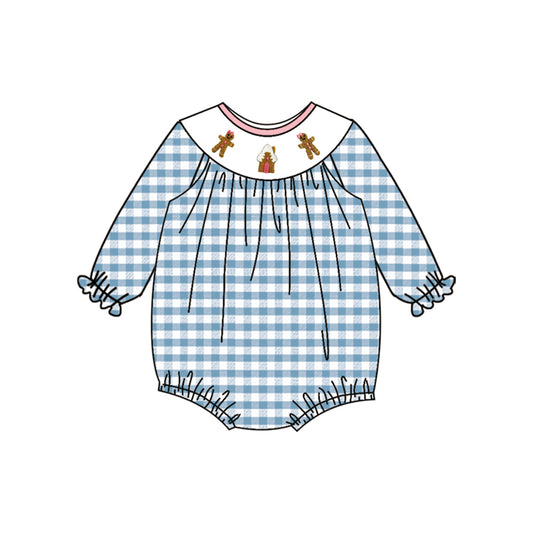 Preorder LR2186 Gingerbread man Merry Christmas Blue Plaid Long Sleeve Romper Smocked Baby Girls Romper 202503