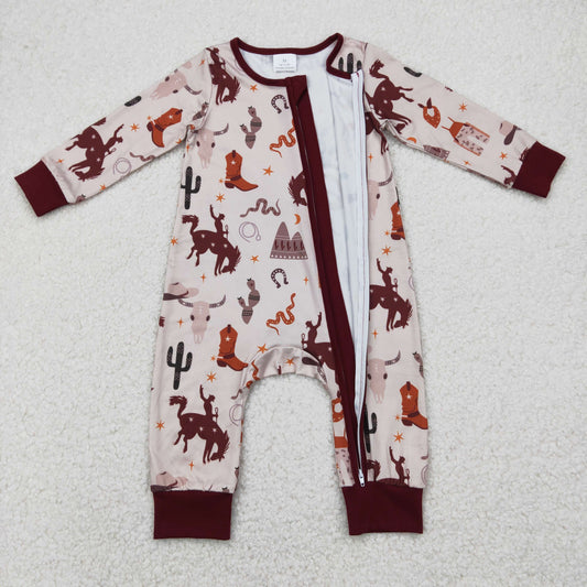 LR2188 Cow Boots Cactus Brown Zippy Long Sleeve Romper Boys Boutique Outfits 202504 RTS