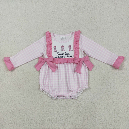 LR2190 Cowgirl Boots Pink Bows Plaid Long Sleeve Romper Baby Girl Boutique Outfits 202505 RTS