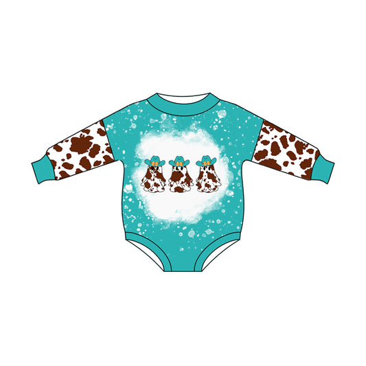 Preorder LR2191 Cow Printed Cowgirl Hat Ghost Teal Long Sleeve Romper Baby Girl Boutique Outfits 202505