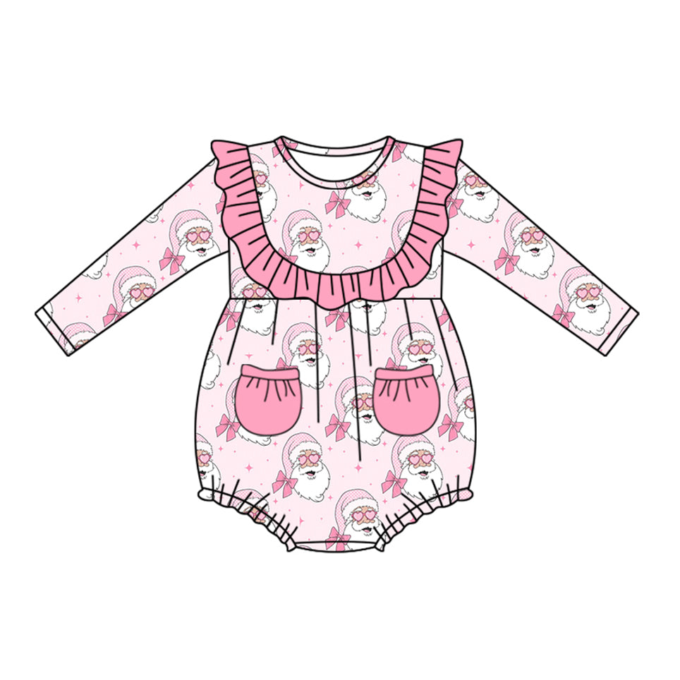 Preorder LR2195 Christmas Santa Claus Pink Ruffle Pocket Long Sleeve Romper Baby Girl Boutique Outfits 202505