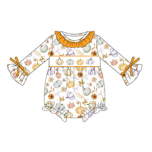 Preorder LR2196 Pumpkin Leaf Orange Lace Long Sleeve Romper Baby Girl Boutique Outfits 202505