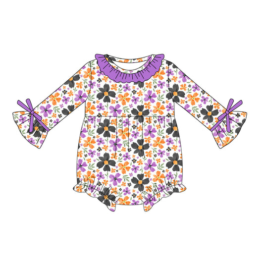 Preorder LR2197 Halloween Orange Purple Black Flower Leaf lace Long Sleeve Romper Baby Girl Boutique Outfits 202505