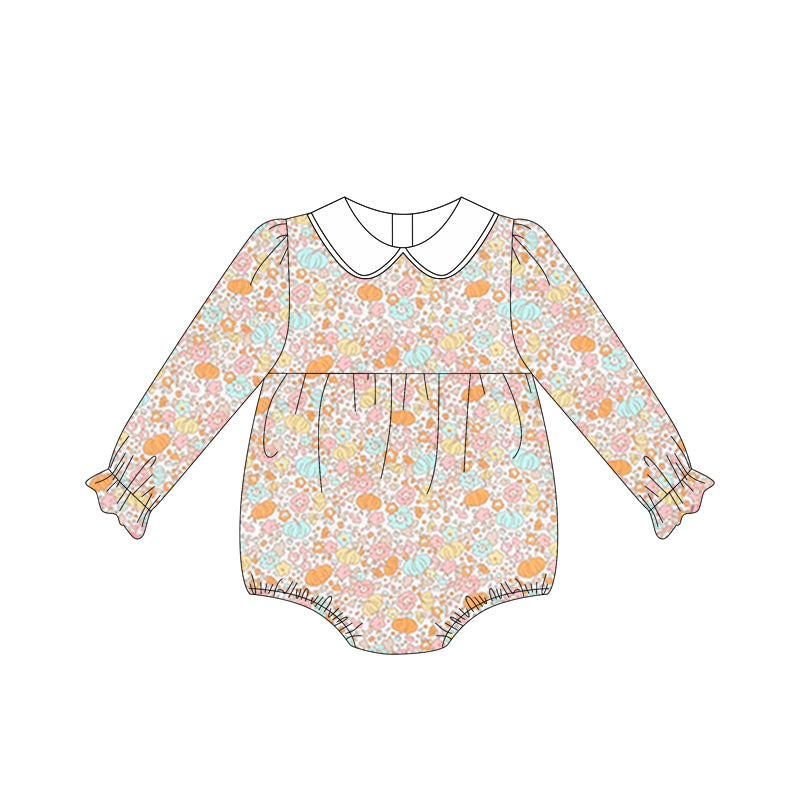 Preorder LR2199 Orange Pumpkin Flowers Doll Collar Long Sleeve Romper Baby Girl Boutique Outfits 202505