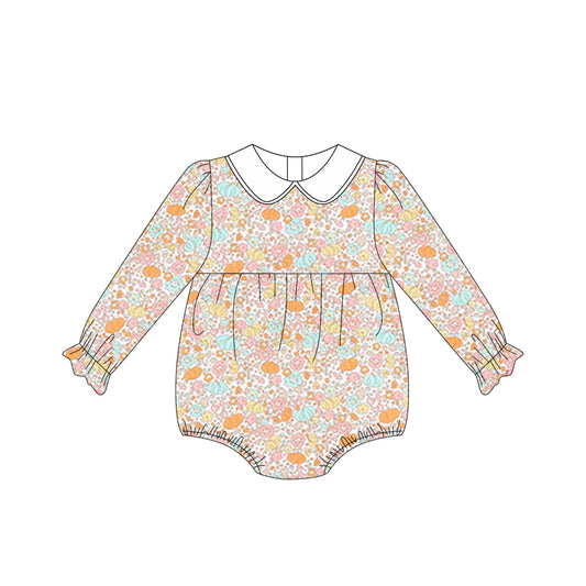 Preorder LR2199 Orange Pumpkin Flowers Doll Collar Long Sleeve Romper Baby Girl Boutique Outfits 202505