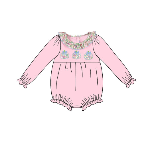 Preorder LR2200 Pumpkin Flowers Pink Ruffle Long Sleeve Romper Baby Girl Boutique Outfits 202505