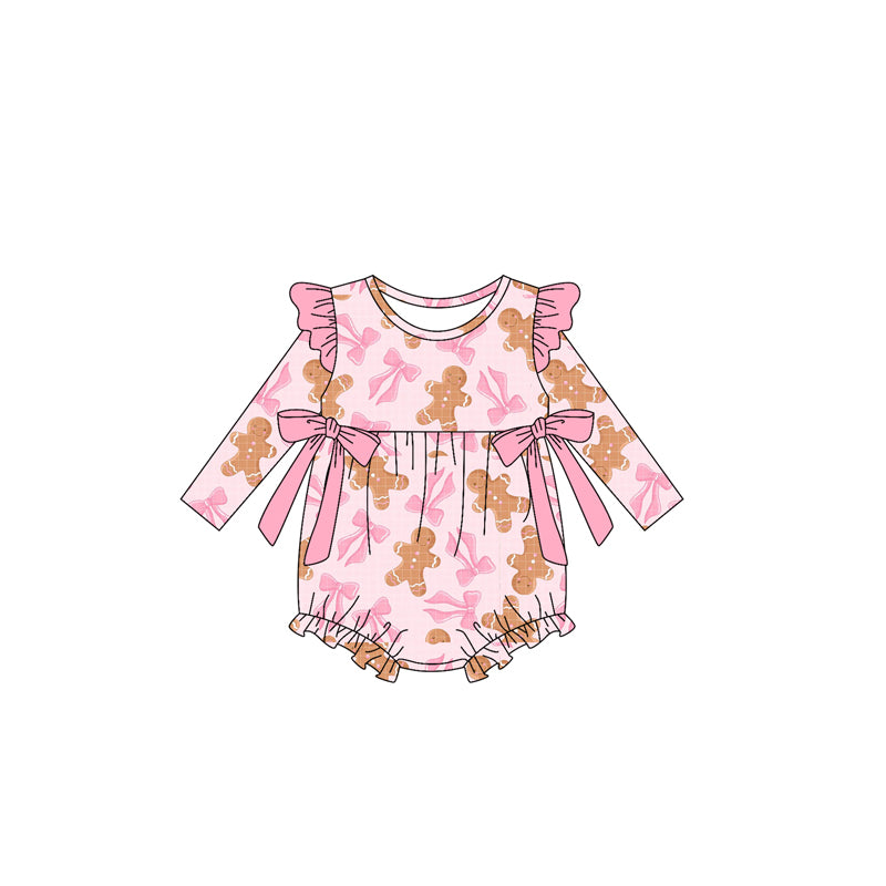 Preorder LR2201 Gingerbread Man Bows Pink Ruffle Long Sleeve Romper Baby Girl Boutique Outfits 202505