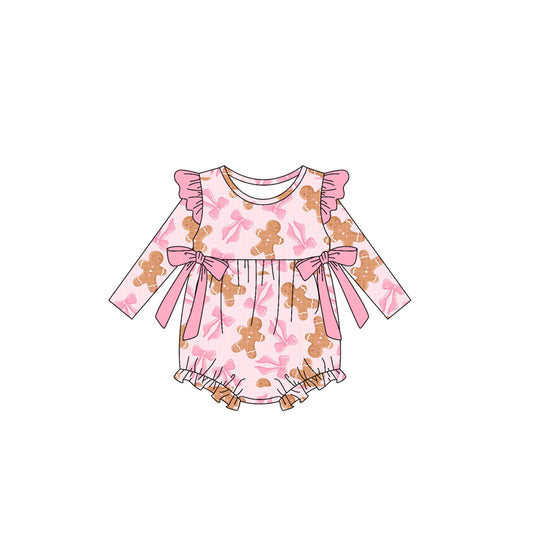 Preorder LR2201 Gingerbread Man Bows Pink Ruffle Long Sleeve Romper Baby Girl Boutique Outfits 202505