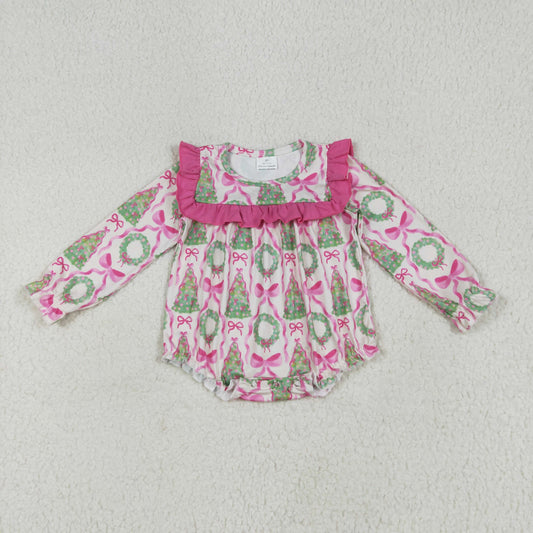 LR2202 Christmas Tree Bows Rose Red Ruffle Long Sleeve Romper Baby Girl Boutique 202506 RTS
