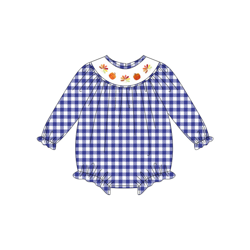 Preorder LR2204-Smocked Turkey Pumpkin Blue White Plaid Long Sleeve Romper Baby Girl Boutique Outfits 202505