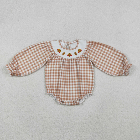 LR2205 -Smocked Turkey Leaf Brown White Plaid Long Sleeve Girls Bubble Romper 202510 RTS