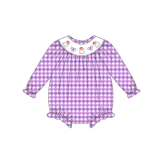 Preorder LR2206 -Smocked Halloween Ghost Bow Purple White Long Sleeve Romper Baby Girl Boutique Outfits 202505