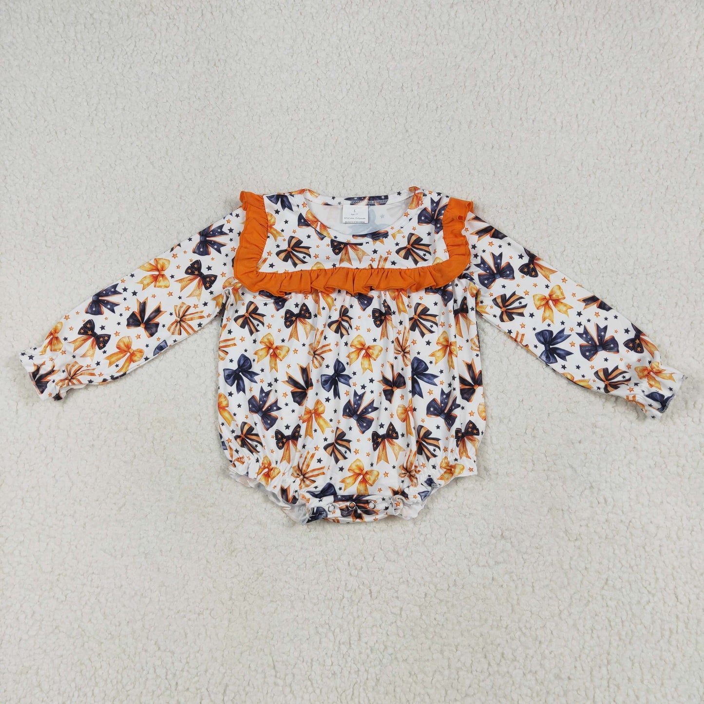 LR2207 Halloween Bows Star Orange Ruffle Long Sleeve Girls Bubble Romper RTS US Free Shipping Over 2 KG
