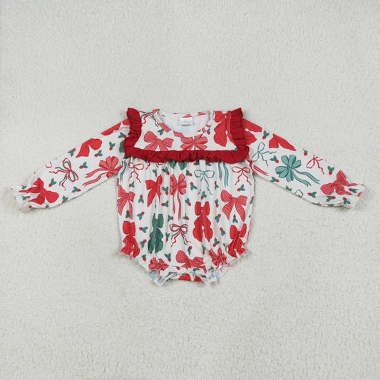 LR2209 Merry Christmas Red Green Bows Ruffle Long-sleeved Romper Baby Girl Boutique Outfits 202505