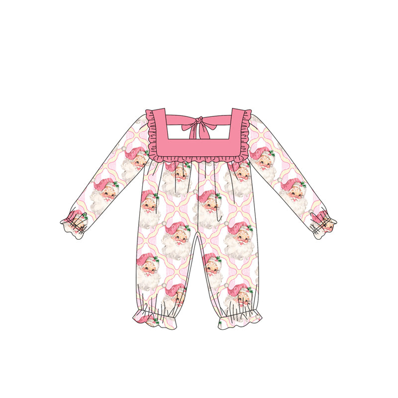 Preorder LR2212 Santa Claus Plaid Bows Pink Ruffle Long-sleeved Romper Baby Girl Boutique Outfits 202505