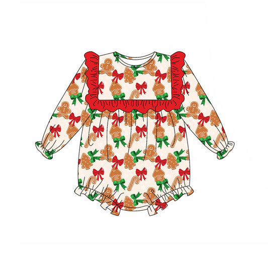 Preorder LR2214 Gingerbread Man Christmas Tree Red Green Bows Ruffle Long-sleeved Romper Baby Girl Boutique Outfits 202505