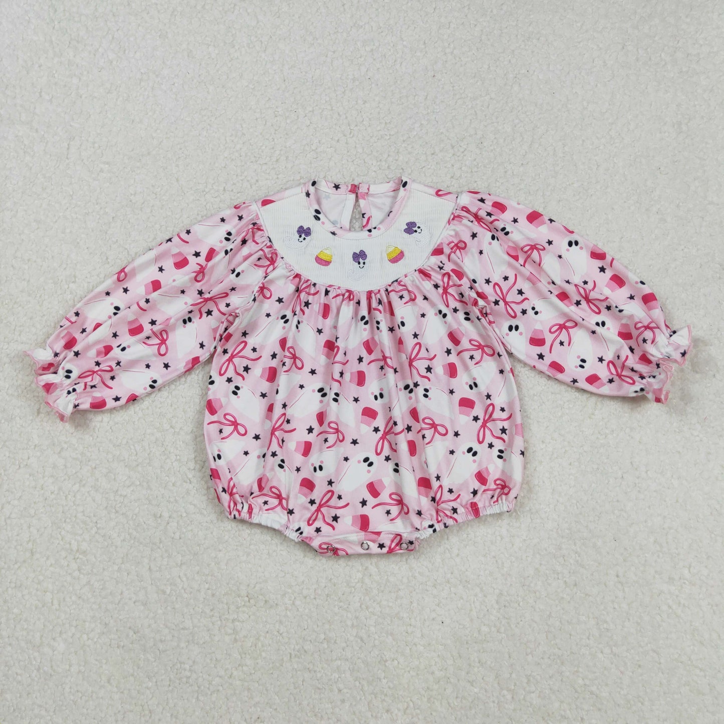 LR2216-Smocked Ghost Candy Bow Pink Ruffle Long-sleeved Girls Bubble Romper 202508 RTS