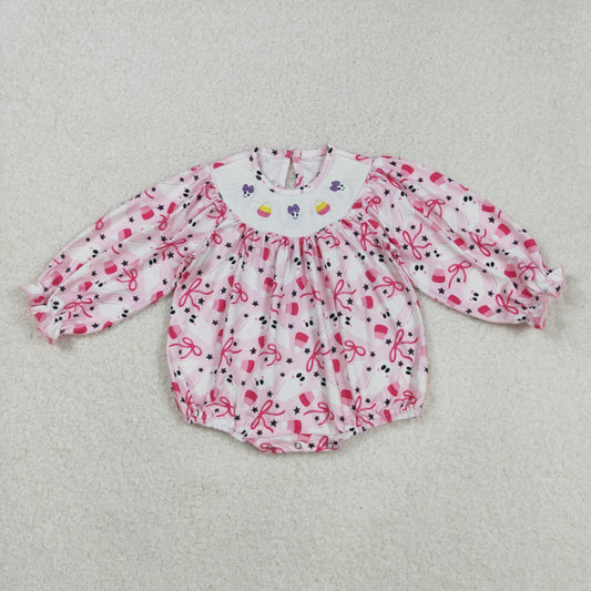 LR2216-Smocked Ghost Candy Bow Pink Ruffle Long-sleeved Girls Bubble Romper 202508 RTS