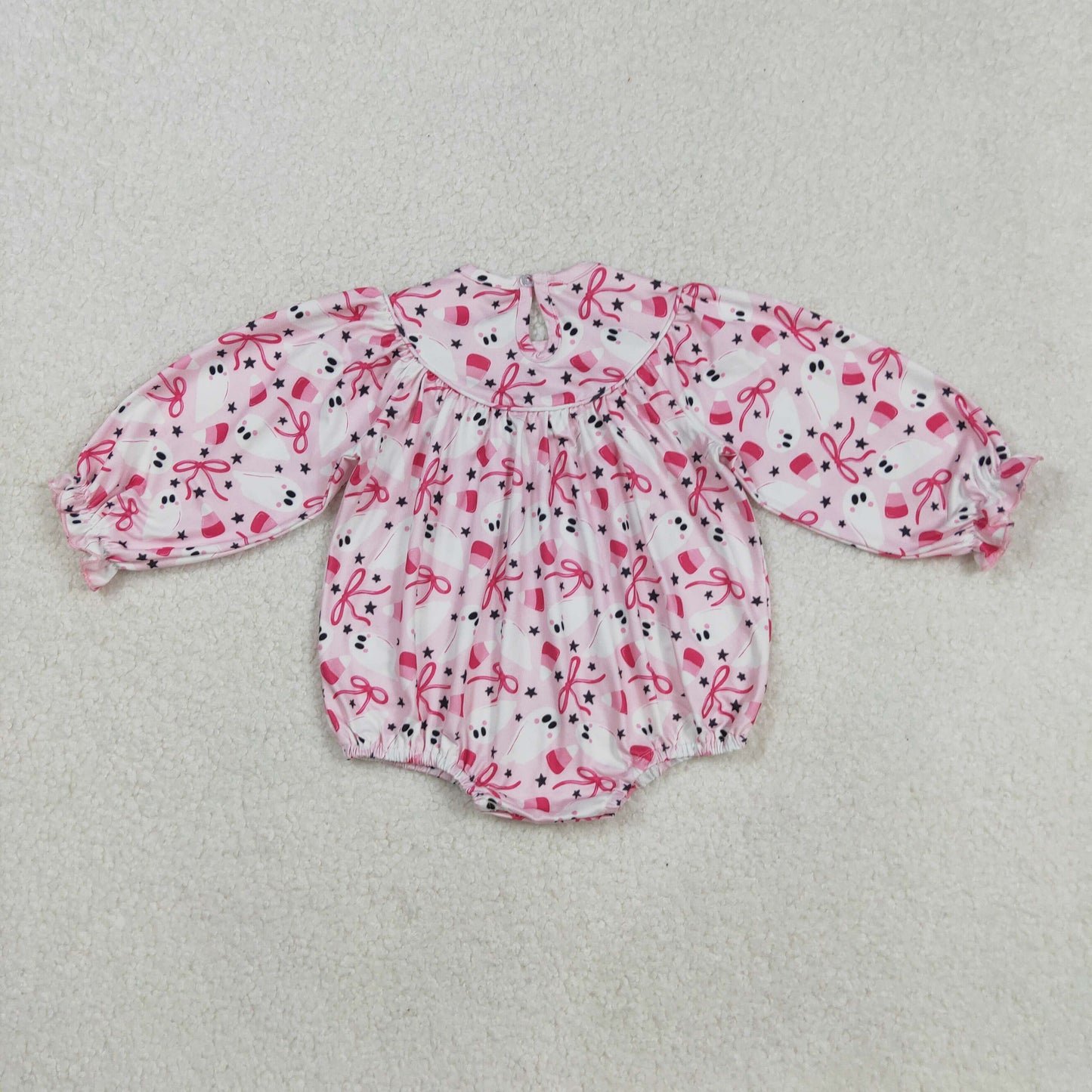 LR2216-Smocked Ghost Candy Bow Pink Ruffle Long-sleeved Girls Bubble Romper 202508 RTS