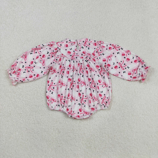 LR2216-Smocked Ghost Candy Bow Pink Ruffle Long-sleeved Girls Bubble Romper 202508 RTS