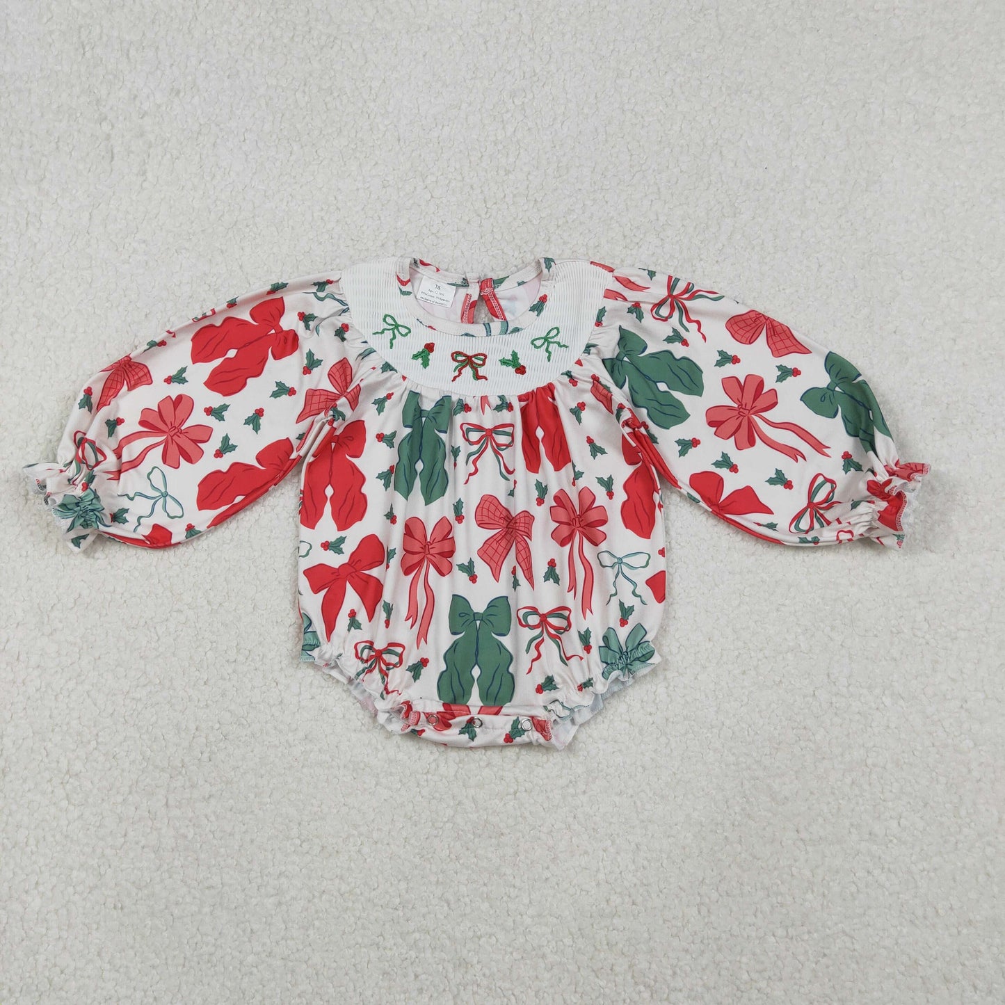 LR2217-Smocked Merry Christmas Red Green Bows Ruffle Long-sleeved Girl Bubble Romper 202510 RTS
