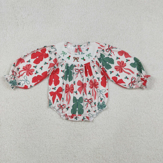 LR2217-Smocked Merry Christmas Red Green Bows Ruffle Long-sleeved Girl Bubble Romper 202510 RTS