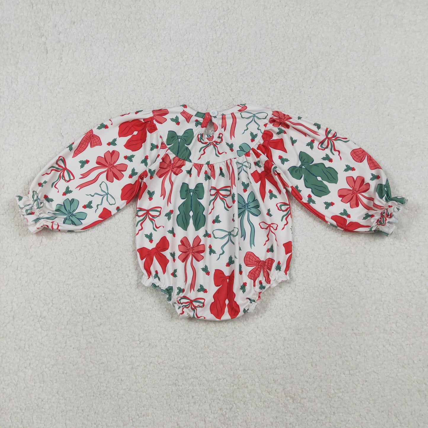 LR2217-Smocked Merry Christmas Red Green Bows Ruffle Long-sleeved Girl Bubble Romper 202510 RTS
