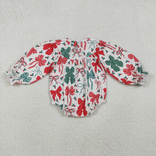 LR2217-Smocked Merry Christmas Red Green Bows Ruffle Long-sleeved Girl Bubble Romper 202510 RTS