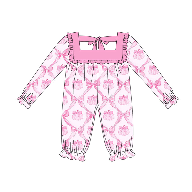 Preorder LR2218 Pumpkin Bows Pink Ruffle Long-sleeved Romper Baby Girl Boutique Outfits 202505