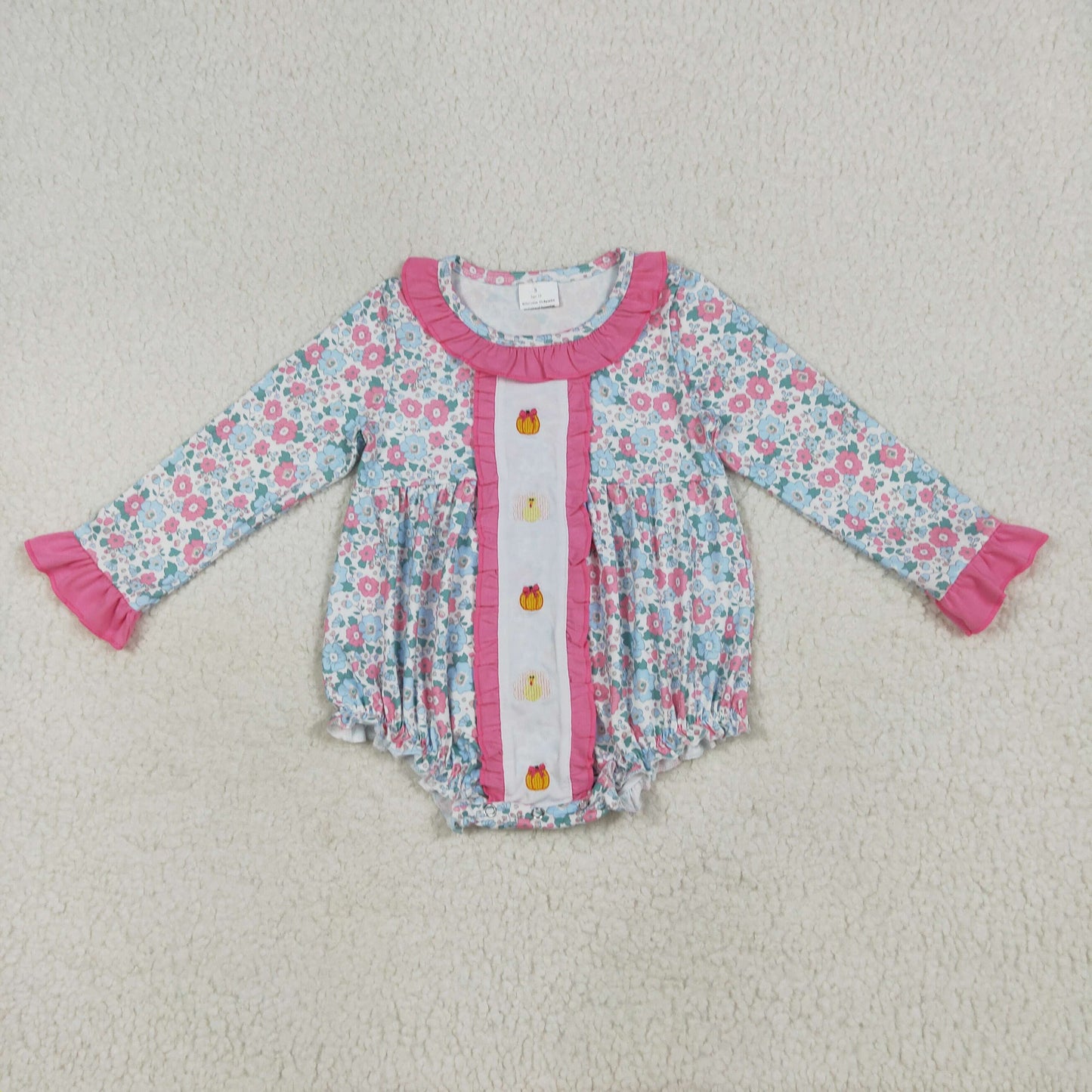 LR2219 Embroidered Floral Pumpkin Turkey Bows Pink Ruffle Long-sleeved Romper Baby Girl Boutique Outfits 202506 RTS