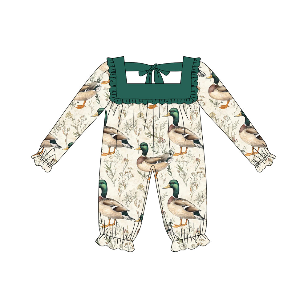 Preorder LR2227 Duck Hunting Green Ruffle Tie Long-sleeved Romper Baby Girls Boutique Outfits 202505
