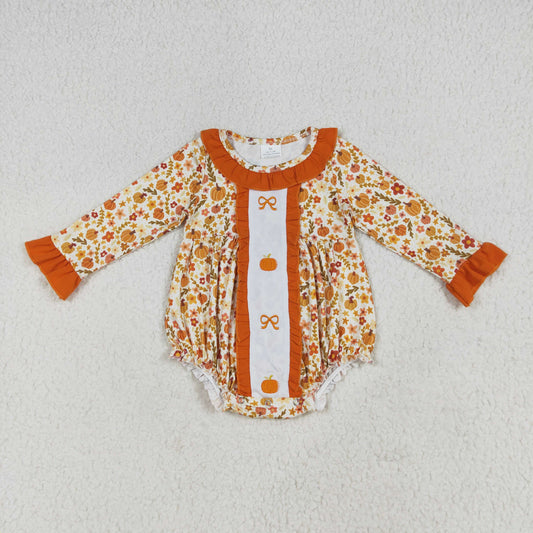 LR2228 Embroidered Bowknot Pumpkin Flower Leaf Orange Ruffle Long-sleeved Romper Baby Girls Boutique 202506 RTS