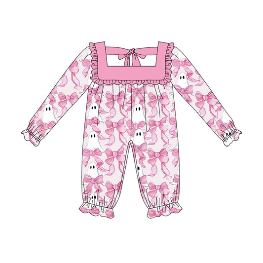 Preorder LR2229 Halloween Ghost Bow Pink Ruffle Tie Long-sleeved Romper Baby Girls Boutique Outfits 202505