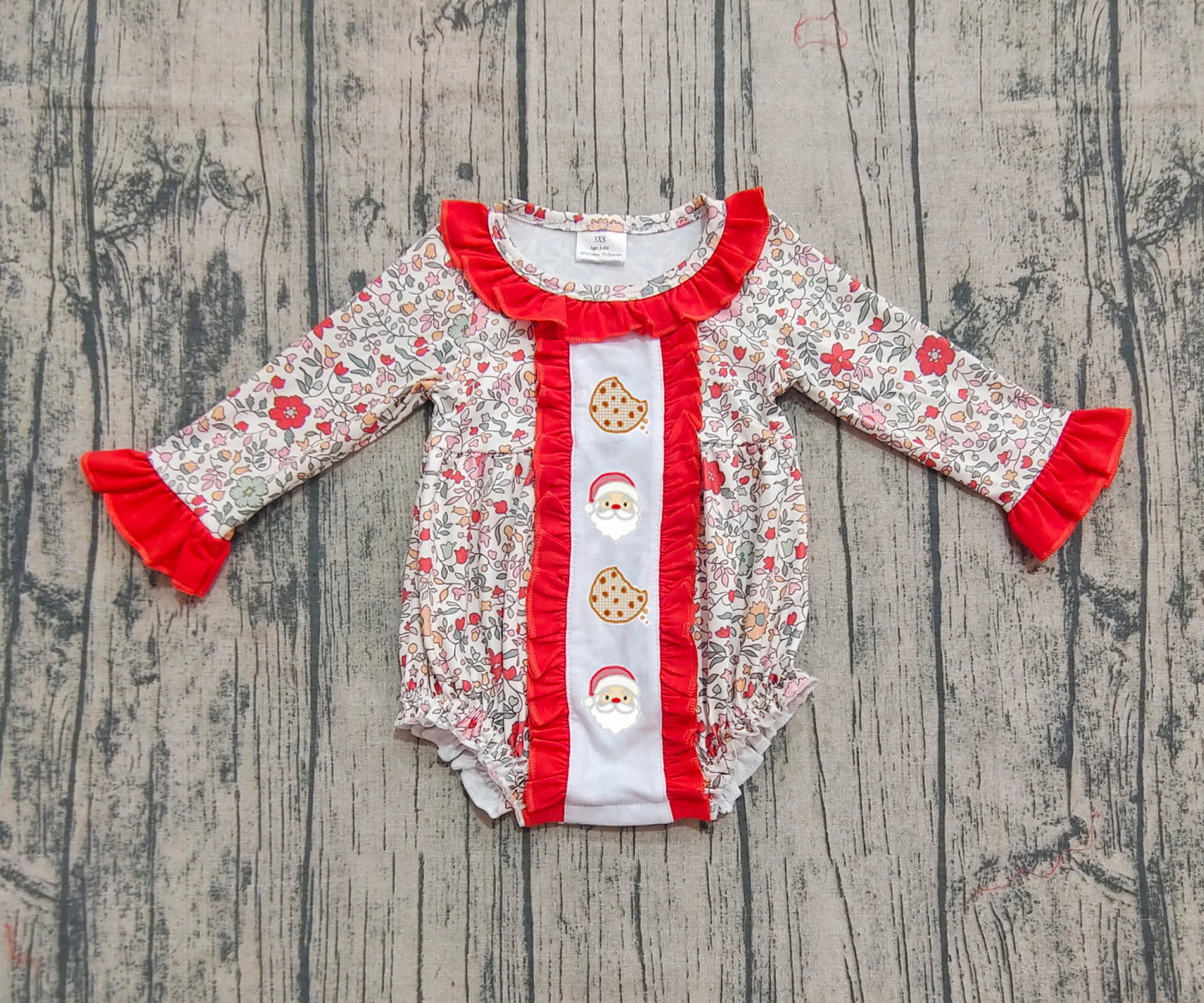 LR2232 Embroidered Cookies Santa Claus Flowers Leaves Red Ruffle Long-sleeved Girls  Bubble Romper 202509 RTS