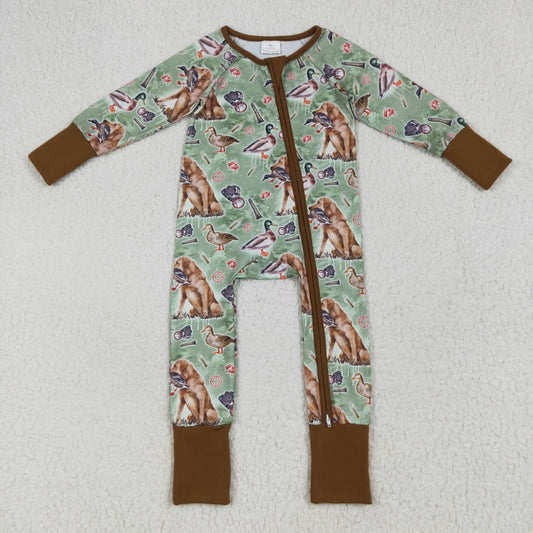 Preorder LR2234 Duck Puppy Brown Green Zipper Long Sleeve Romper Baby Boys Boutique Outfits 202505