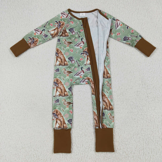 Preorder LR2234 Duck Puppy Brown Green Zipper Long Sleeve Romper Baby Boys Boutique Outfits 202505