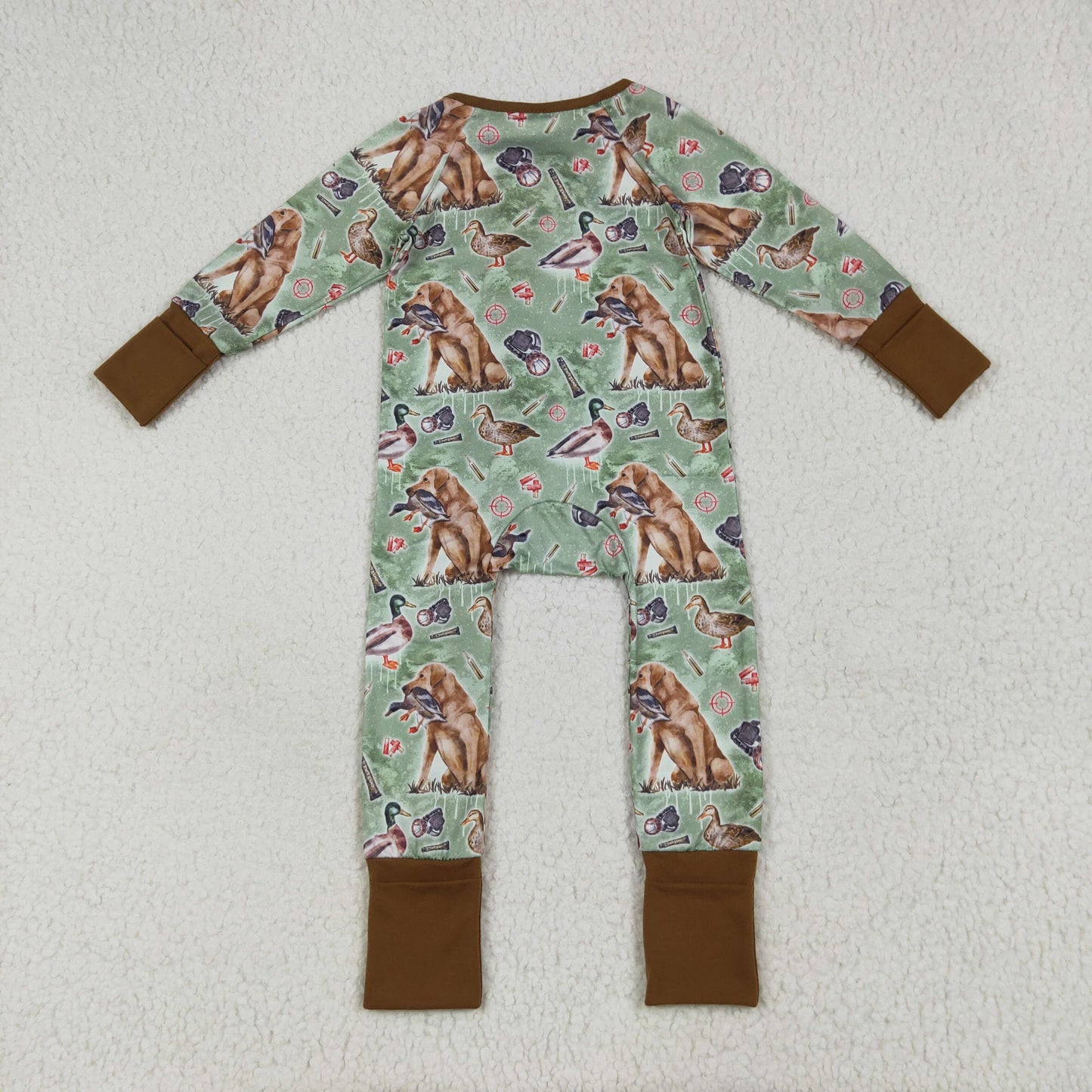 Preorder LR2234 Duck Puppy Brown Green Zipper Long Sleeve Romper Baby Boys Boutique Outfits 202505